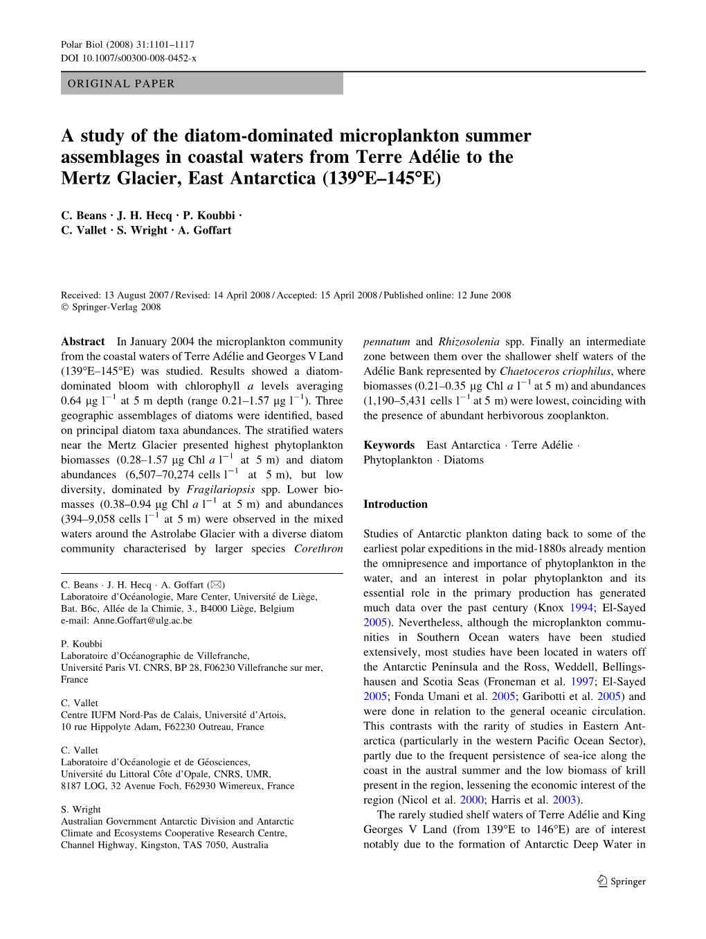 A Study of the Diatom-Dominated Microplankton Summer Assemblages in Coastal Waters from Terre Adélie to the Mertz Glacier, East