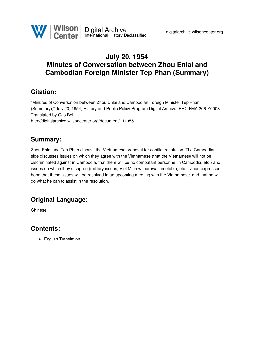 July 20, 1954 Minutes of Conversation Between Zhou Enlai and Cambodian Foreign Minister Tep Phan (Summary)
