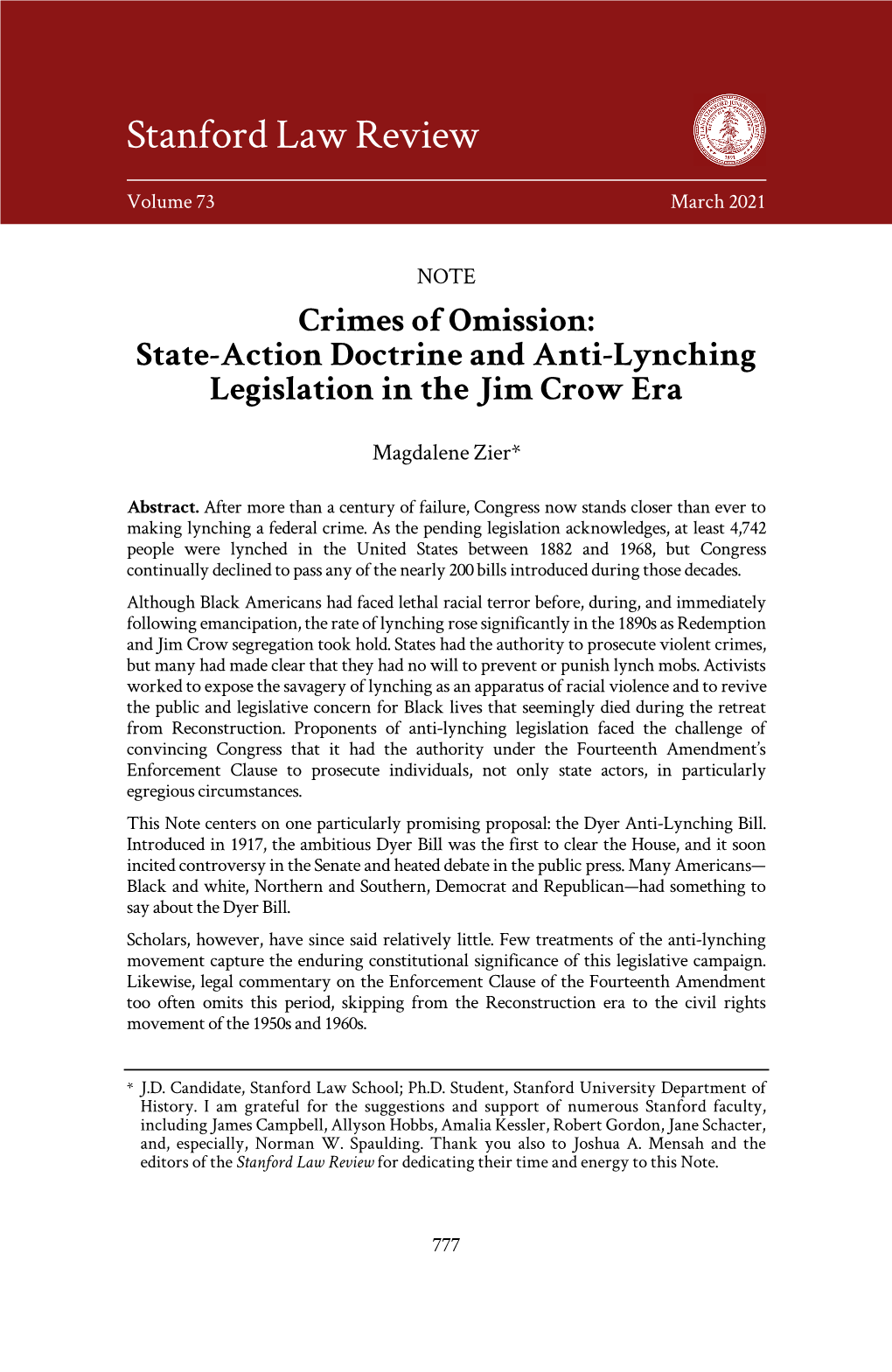 State-Action Doctrine and Anti-Lynching Legislation in the Jim Crow Era