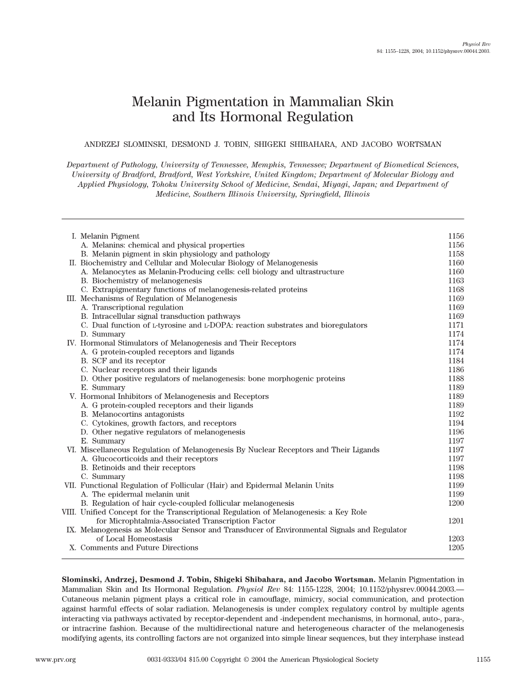 Melanin Pigmentation in Mammalian Skin and Its Hormonal Regulation