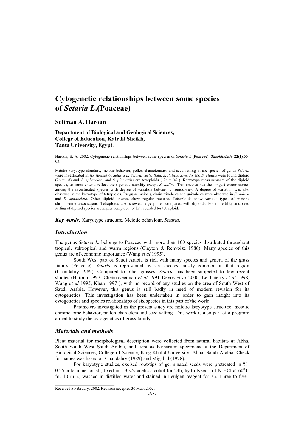 Cytogenetic Relationships Between Some Species of Setaria L.(Poaceae)