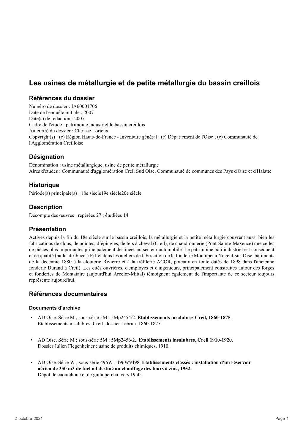 Les Usines De Métallurgie Et De Petite Métallurgie Du Bassin Creillois