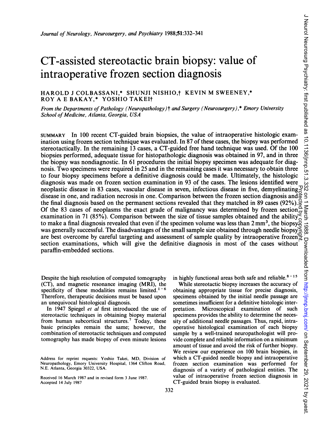 CT-Assisted Stereotactic Brain Biopsy: Value of Intraoperative Frozen Section Diagnosis