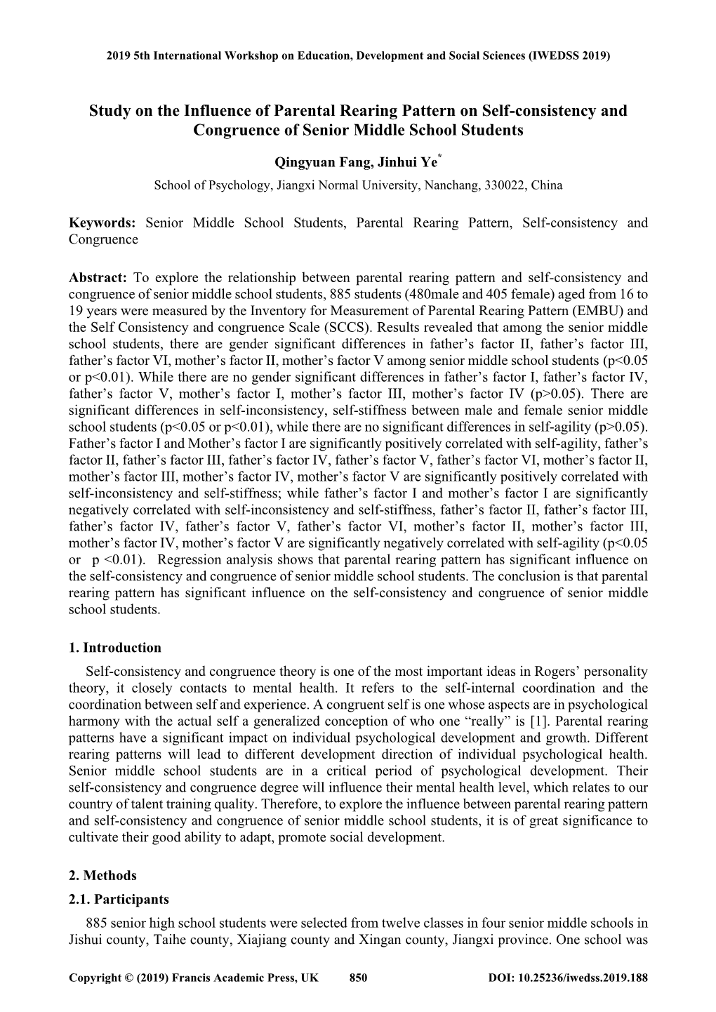 Study on the Influence of Parental Rearing Pattern on Self-Consistency and Congruence of Senior Middle School Students