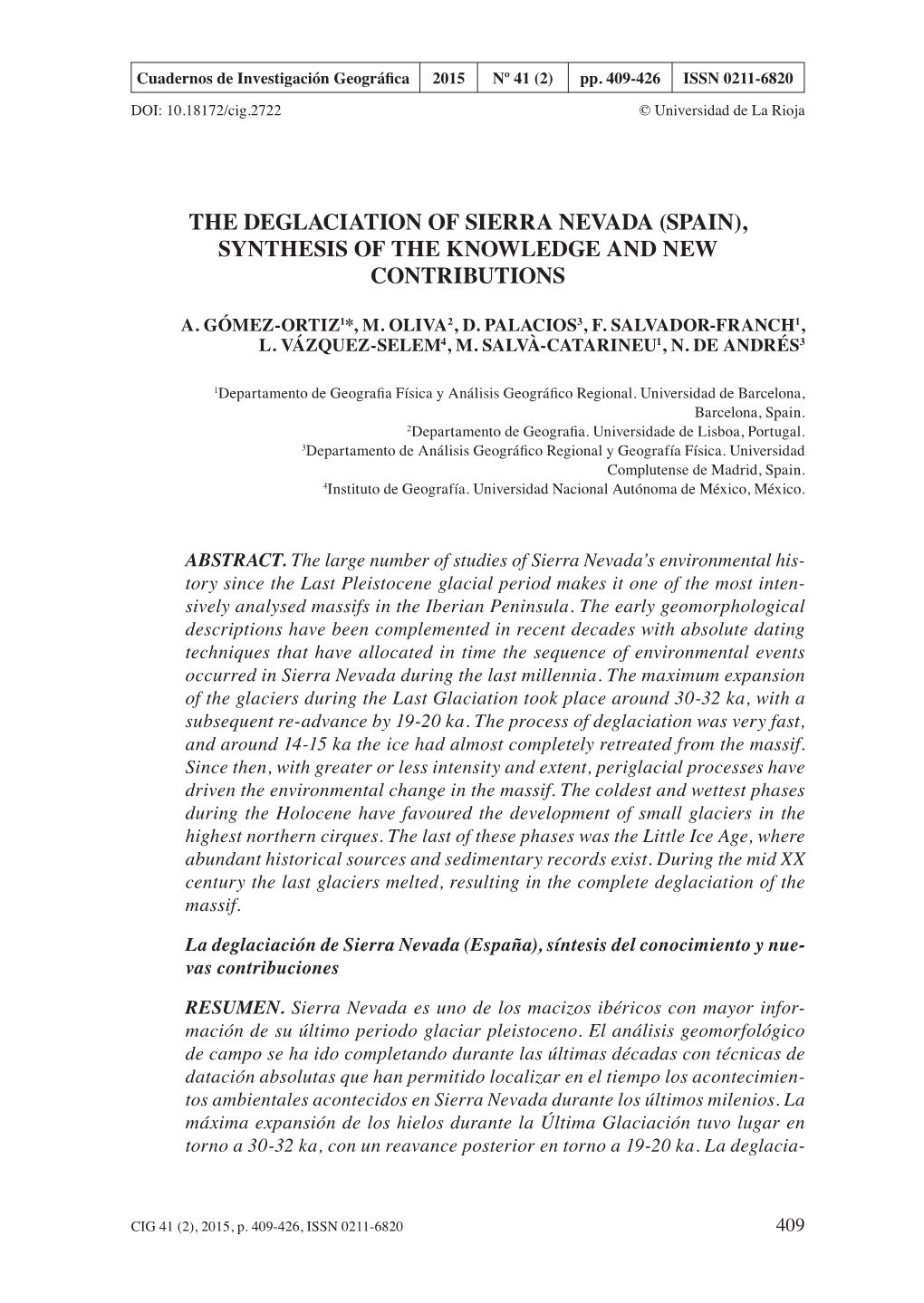 The Deglaciation of Sierra Nevada (Spain), Synthesis of the Knowledge and New Contributions