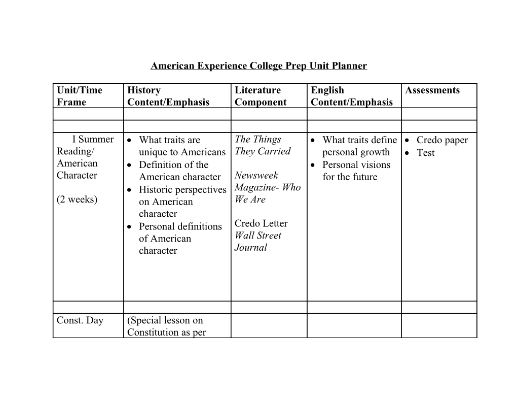 American Experience College Prep Unit Planner