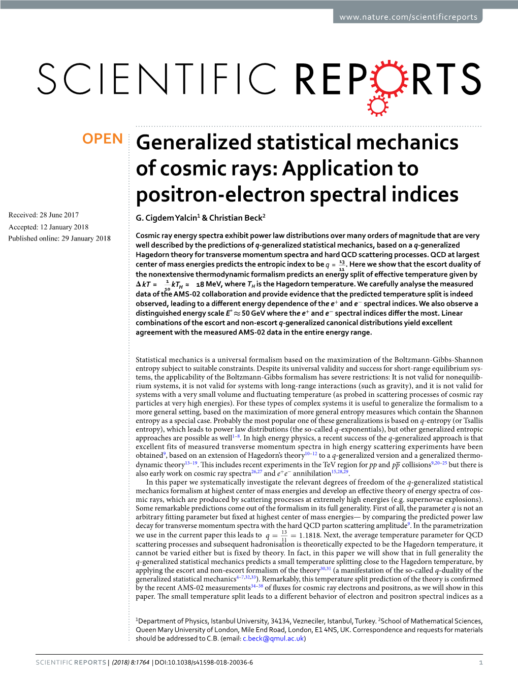 Generalized Statistical Mechanics of Cosmic Rays: Application to Positron-Electron Spectral Indices Received: 28 June 2017 G