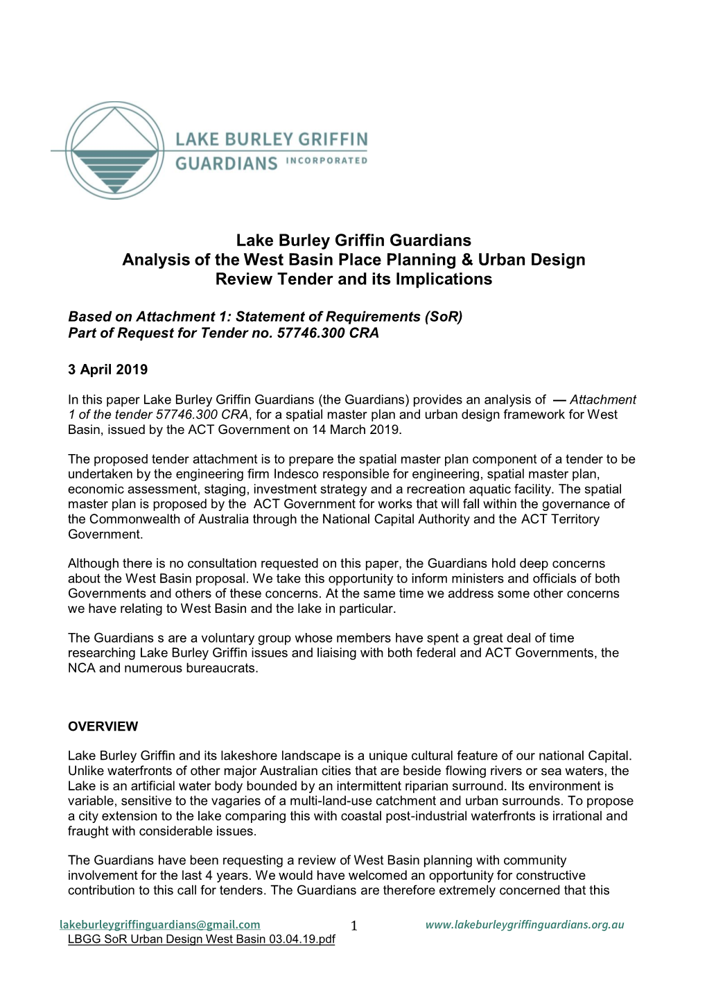 Lake Burley Griffin Guardians Analysis of the West Basin Place Planning & Urban Design Review Tender and Its Implications