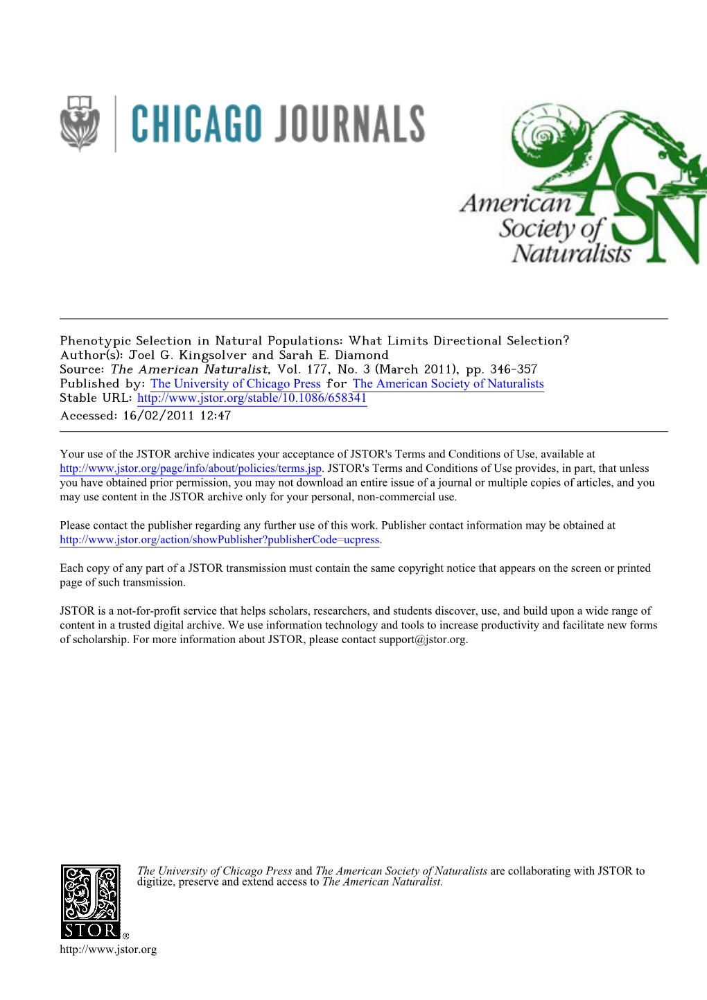 Phenotypic Selection in Natural Populations: What Limits Directional Selection? Author(S): Joel G