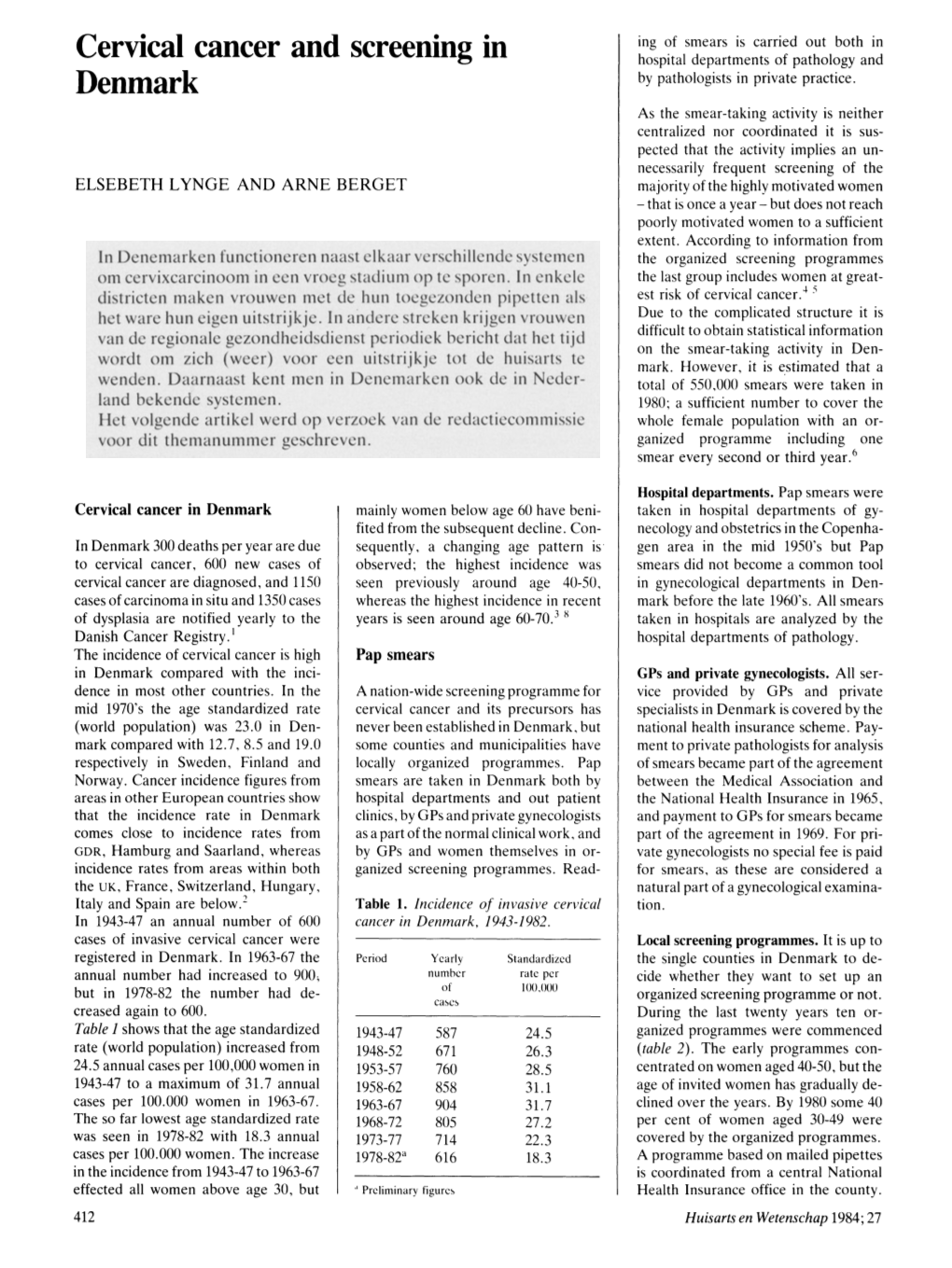 Cervical Cancer and Screening in Denmark