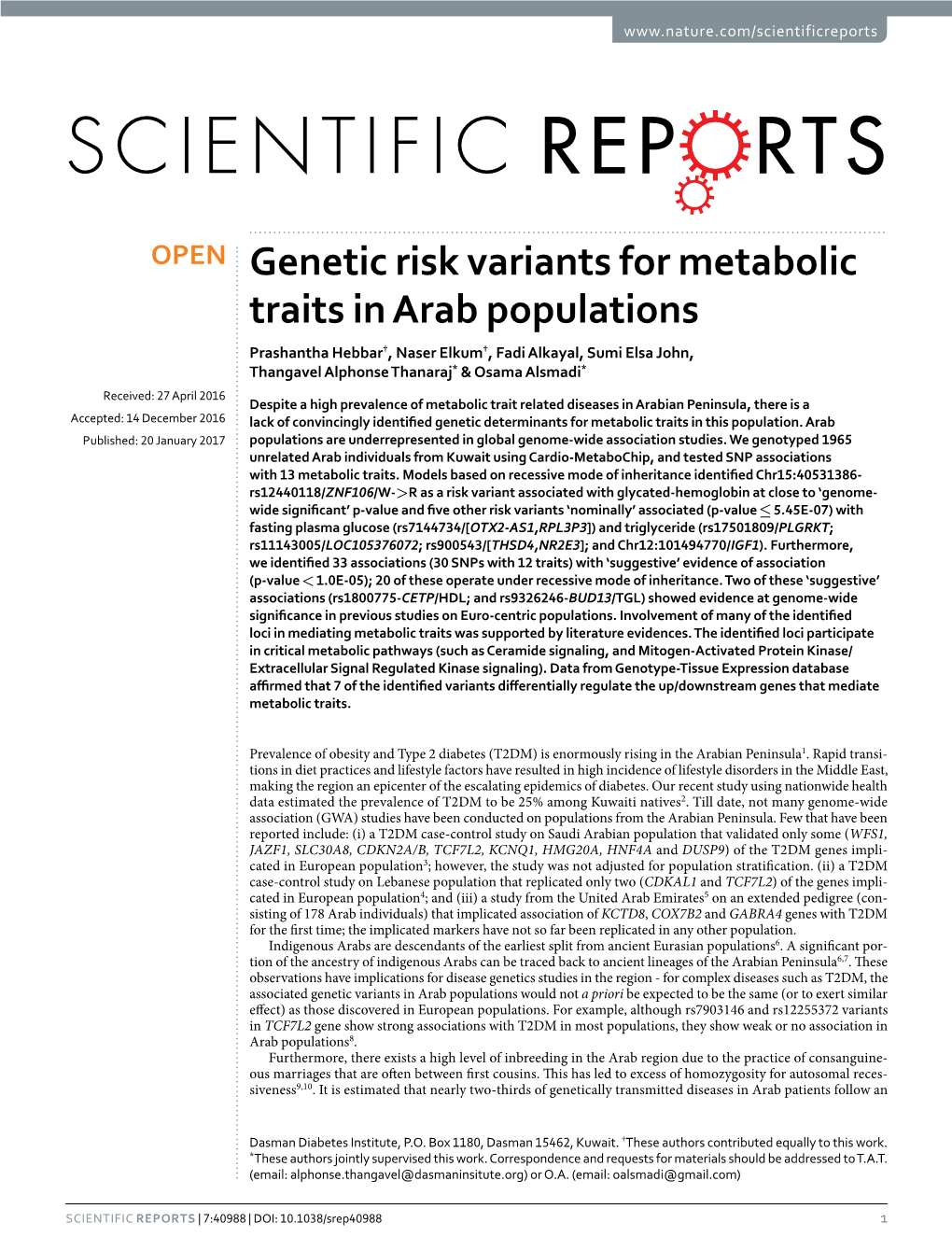 Genetic Risk Variants for Metabolic Traits in Arab Populations