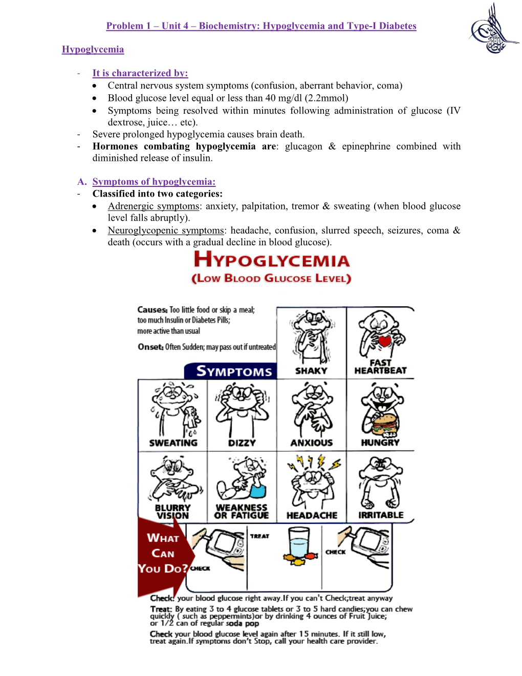 Biochemistry: Hypoglycemia and Type-I Diabetes