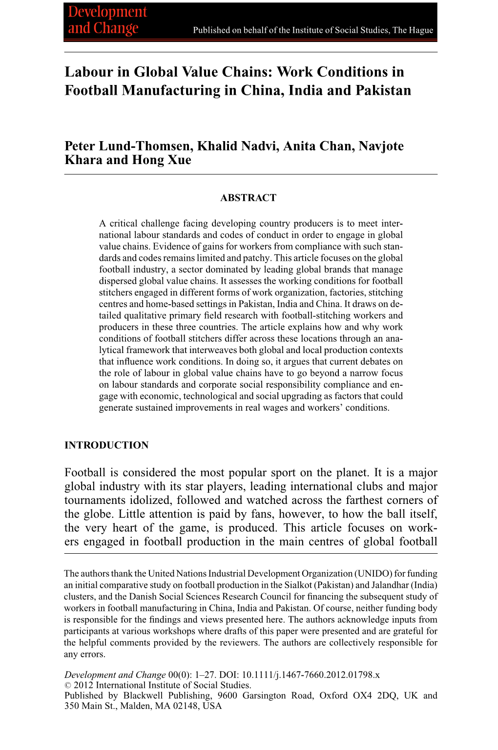 Labour in Global Value Chains: Work Conditions in Football Manufacturing in China, India and Pakistan