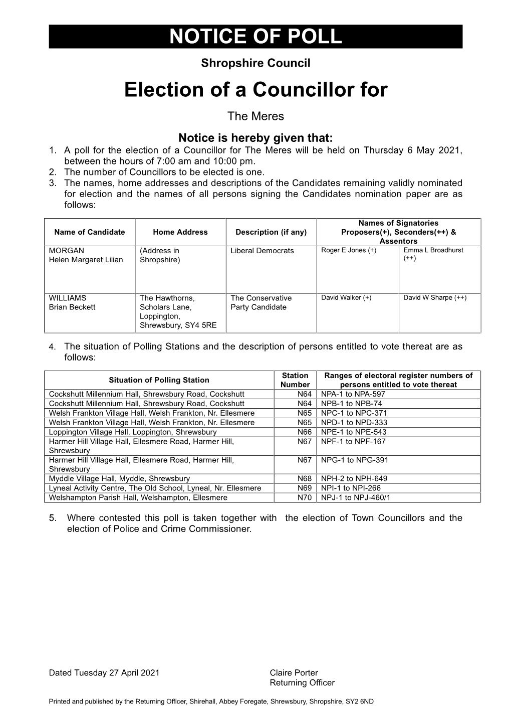 NOTICE of POLL Election of a Councillor