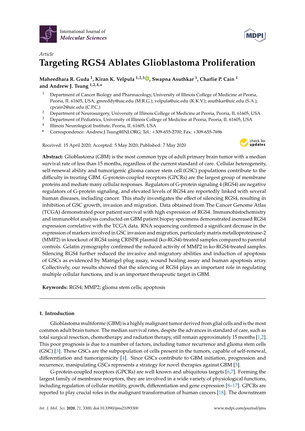 Targeting RGS4 Ablates Glioblastoma Proliferation