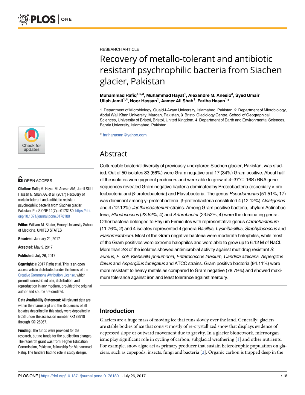 Recovery of Metallo-Tolerant and Antibiotic Resistant Psychrophilic Bacteria from Siachen Glacier, Pakistan