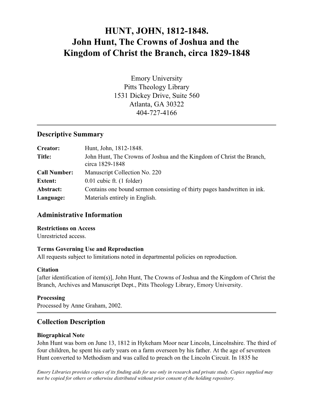 HUNT, JOHN, 1812-1848. John Hunt, the Crowns of Joshua and the Kingdom of Christ the Branch, Circa 1829-1848