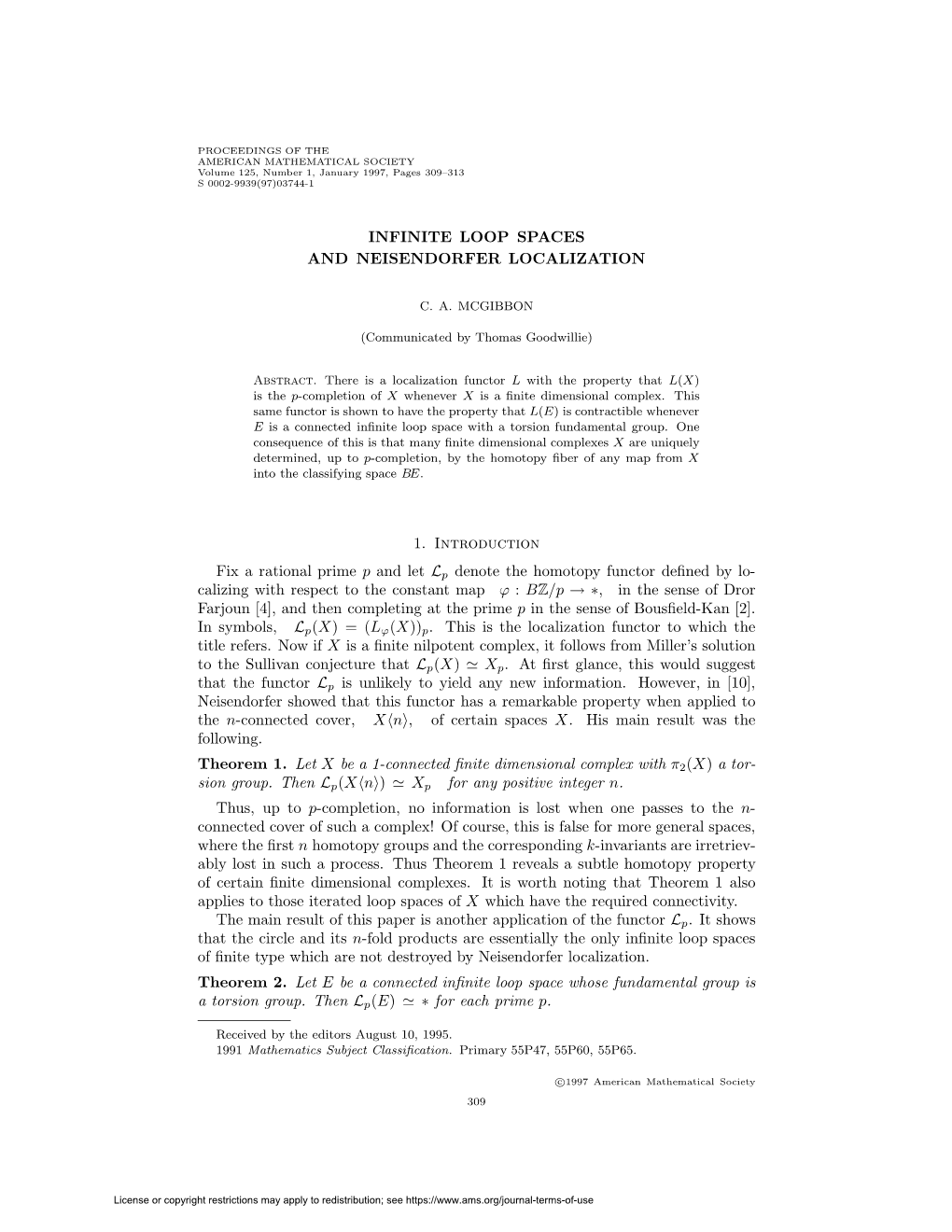 Infinite Loop Spaces and Neisendorfer Localization 1