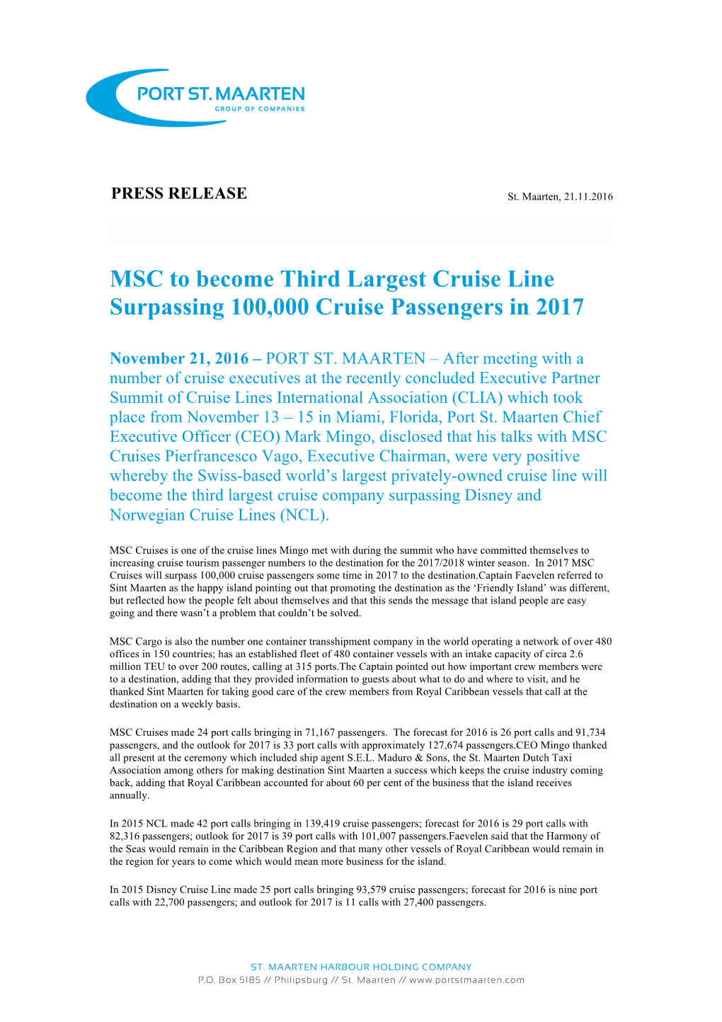 MSC to Become Third Largest Cruise Line Surpassing 100,000 Cruise Passengers in 2017