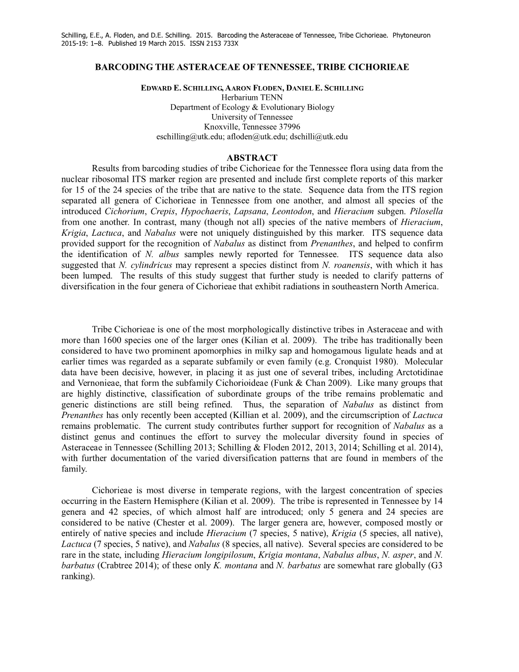 Barcoding the Asteraceae of Tennessee, Tribe Cichorieae