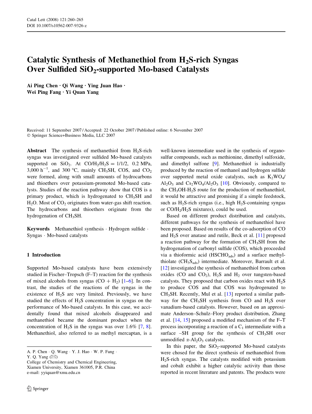 Catalytic Synthesis of Methanethiol from H2S-Rich Syngas Over Sulﬁded Sio2-Supported Mo-Based Catalysts