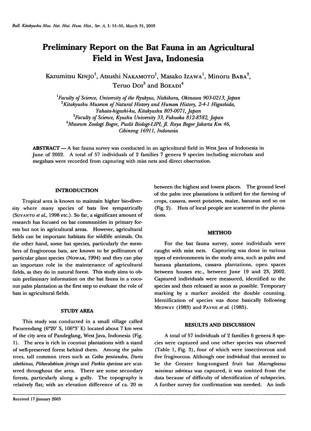 Preliminary Report on the Bat Fauna in an Agricultural Field in West Java, Indonesia