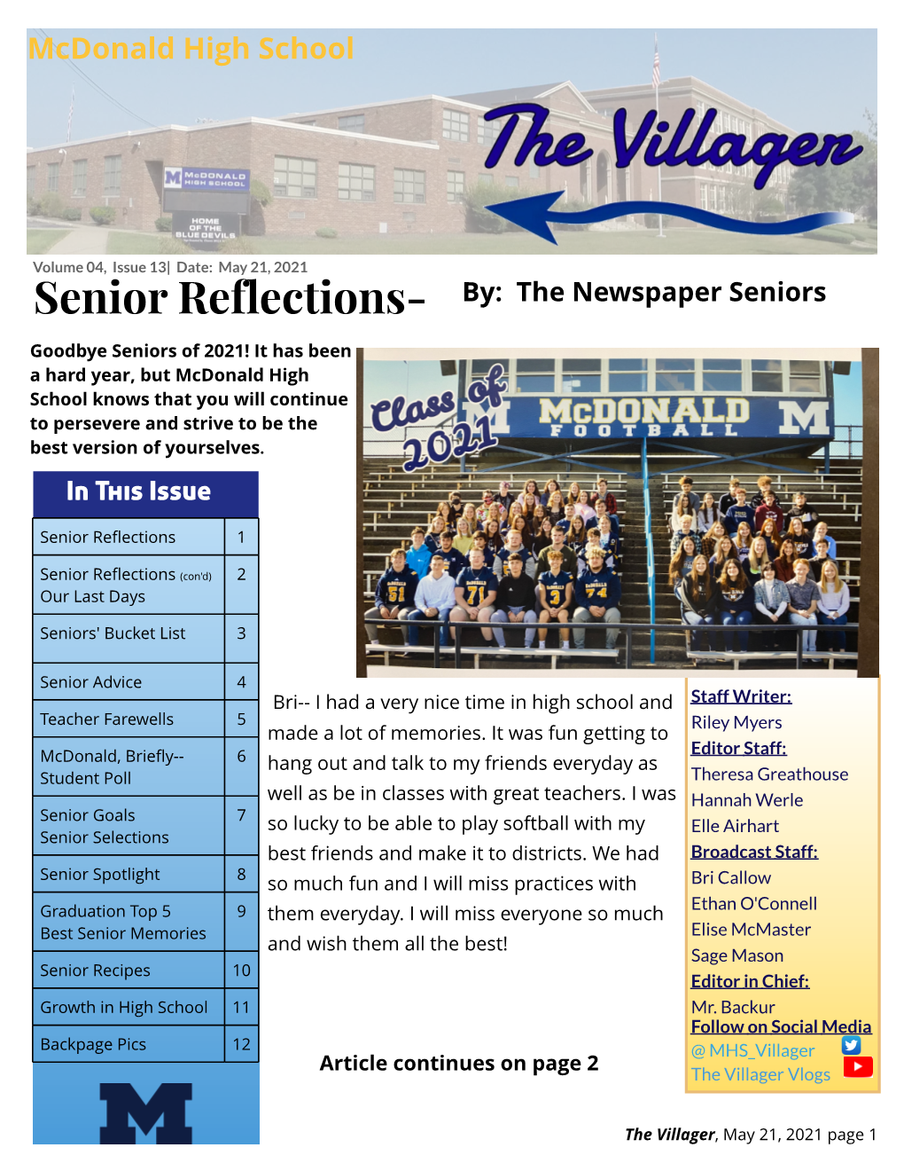 May 21, 2021 Senior Reflections- By: the New Spaper Seniors