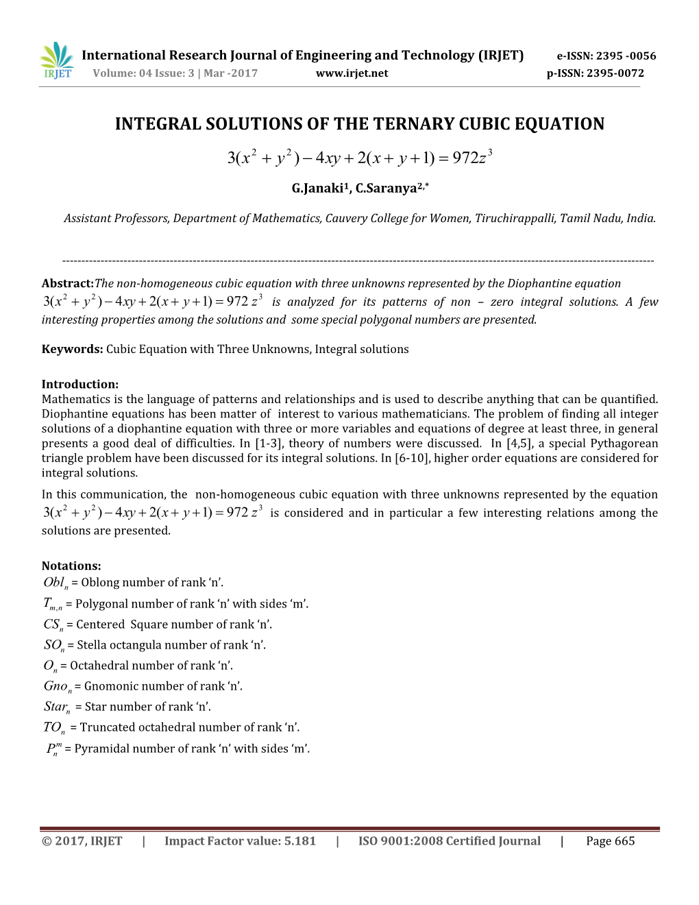 Integral Solutions of the Ternary Cubic Equation