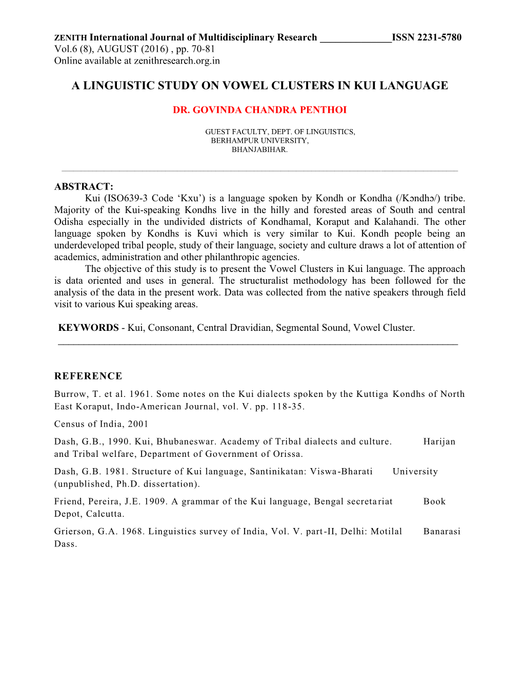 A Linguistic Study on Vowel Clusters in Kui Language