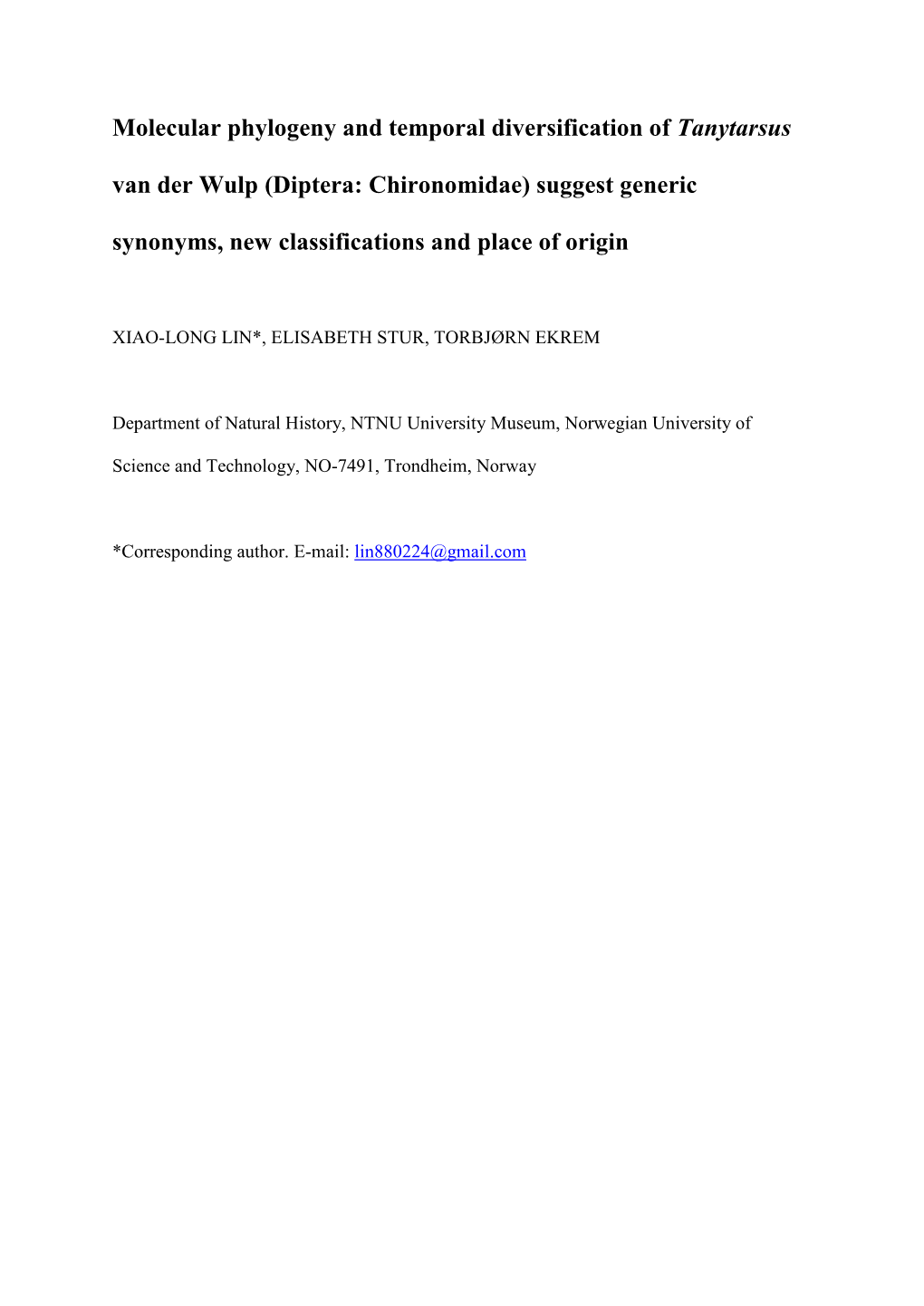 Molecular Phylogeny and Temporal Diversification of Tanytarsus Van Der