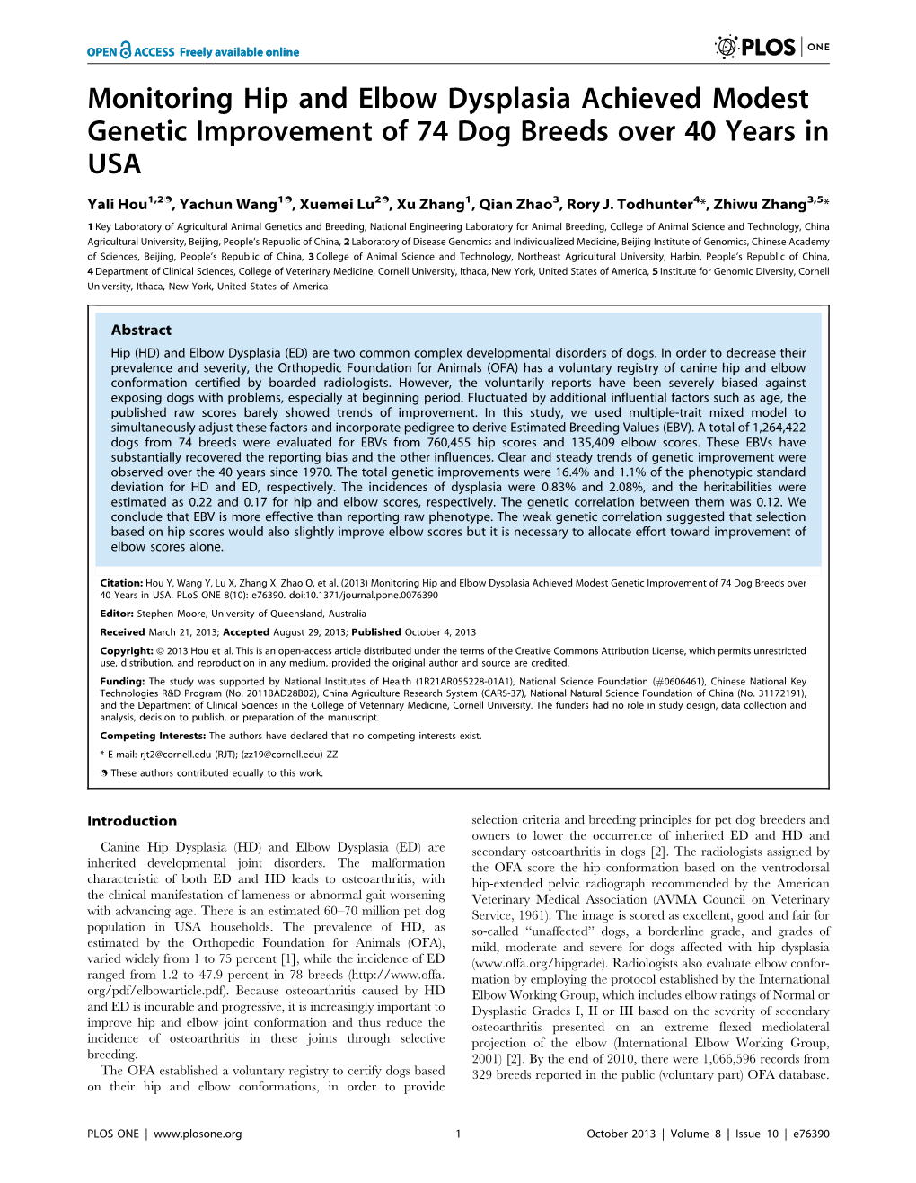 Monitoring Hip and Elbow Dysplasia Achieved Modest Genetic Improvement of 74 Dog Breeds Over 40 Years in USA