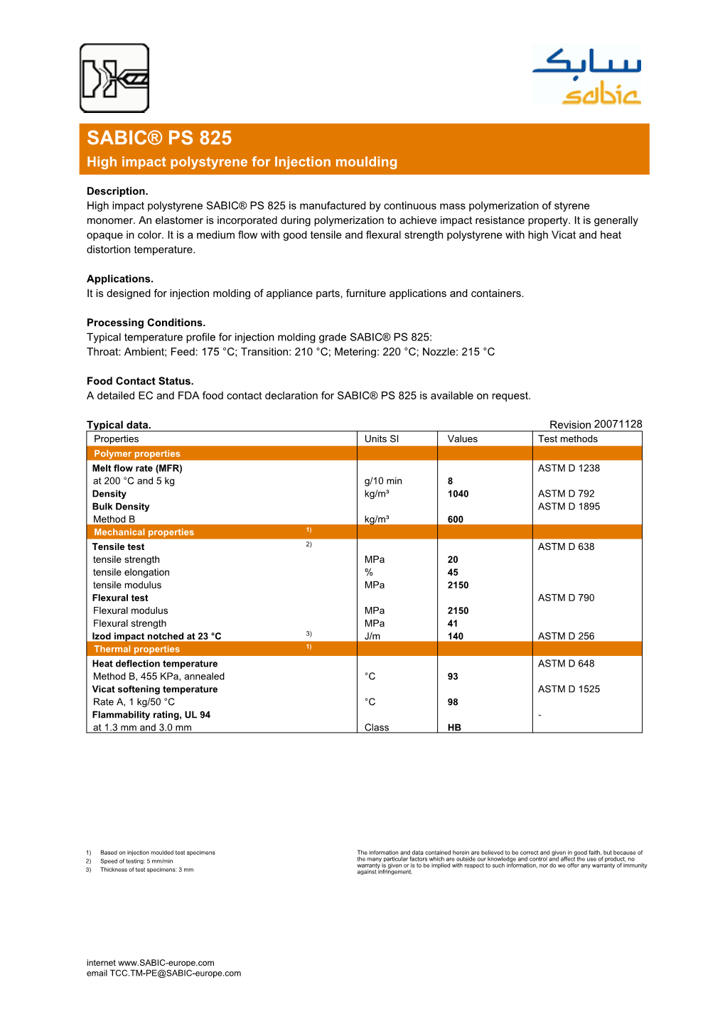 SABIC® PS 825 High Impact Polystyrene for Injection Moulding