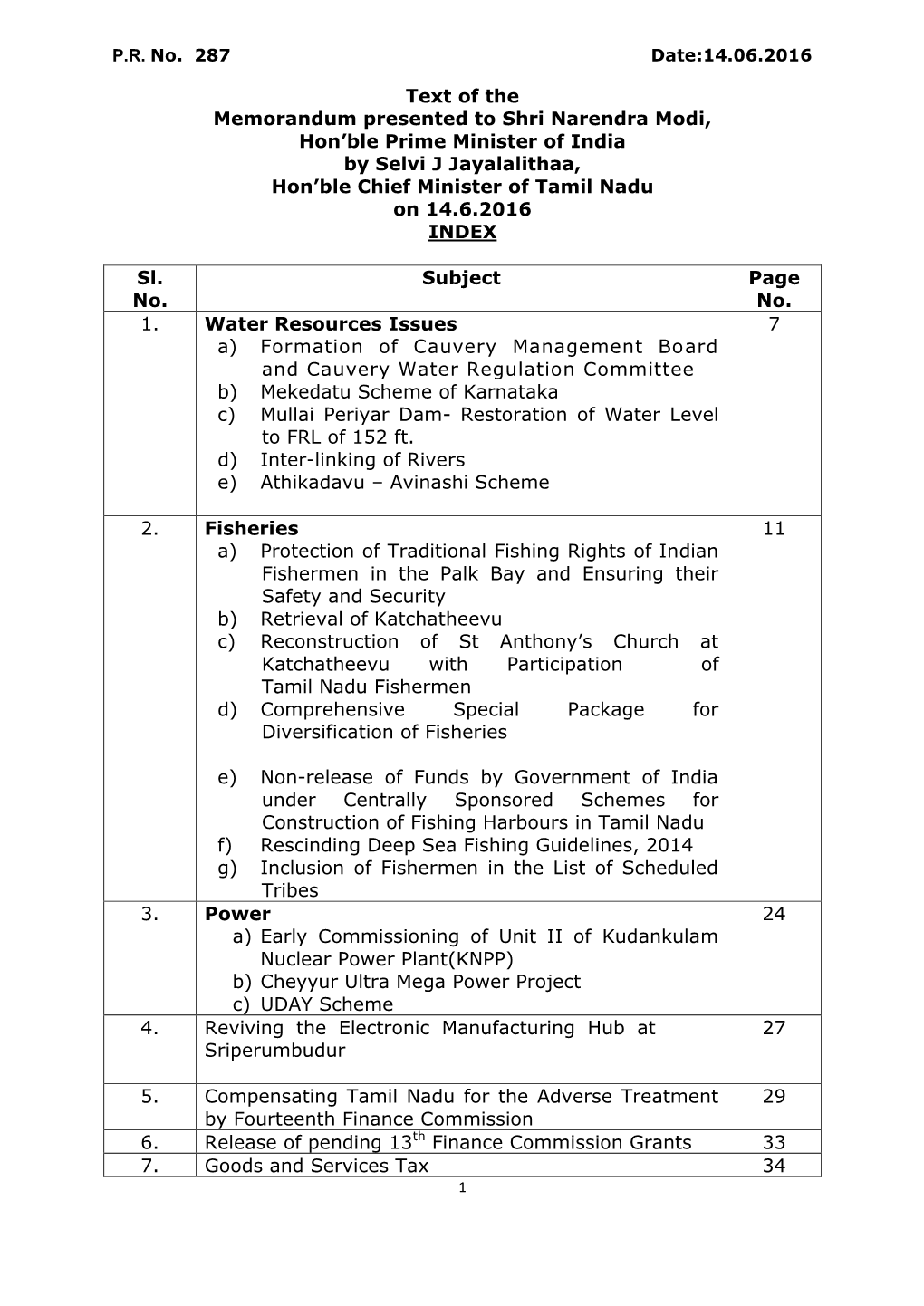 Text of Memorandum Presented to Shri. Narendra Modi, Hon'ble Prime