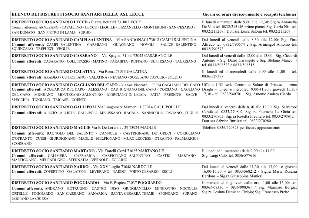 ELENCO DEI DISTRETTI SOCIO SANITARI DELLA ASL LECCE Giorni Ed Orari Di Ricevimento E Recapiti Telefonici