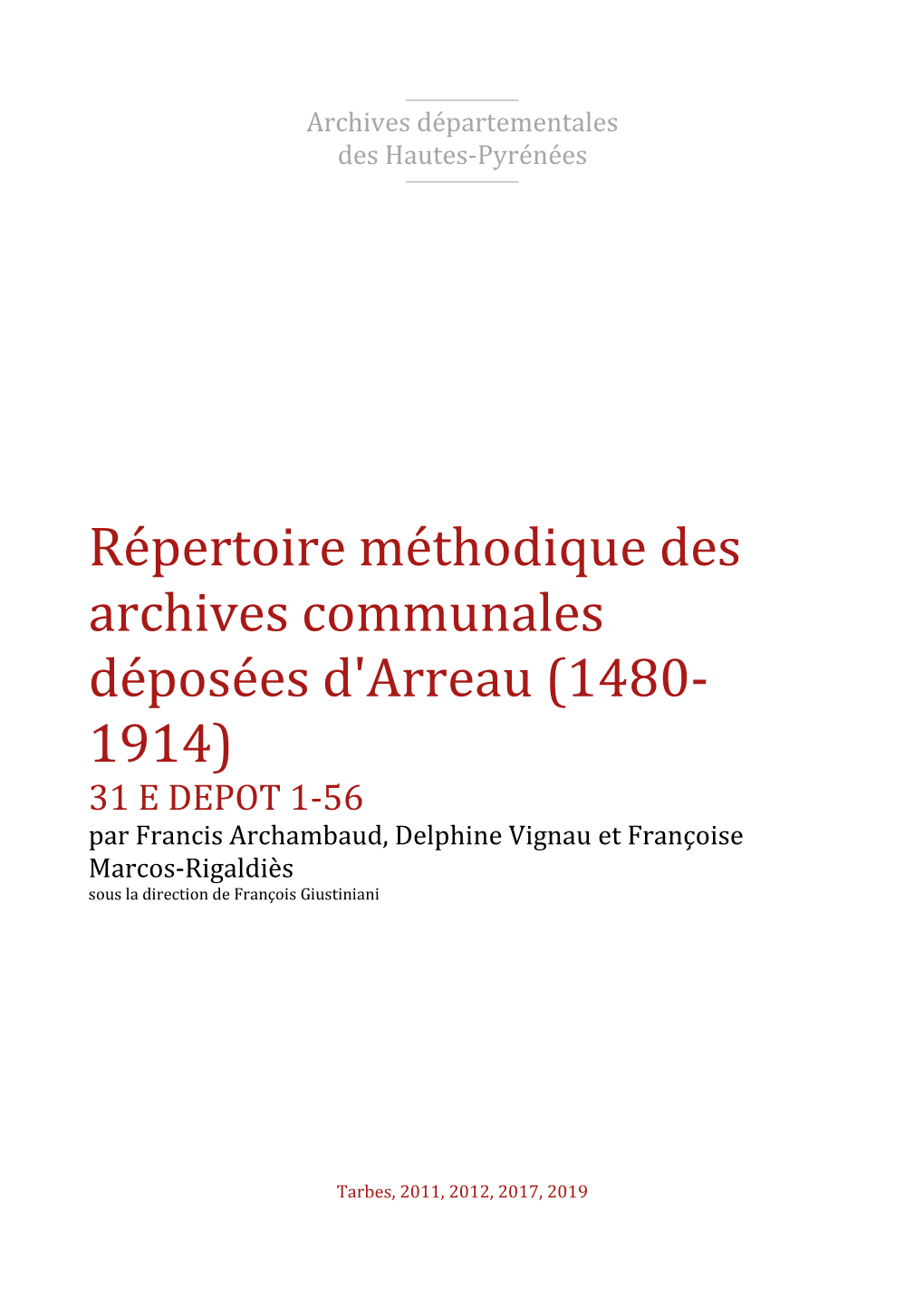 Répertoire Méthodique Des Archives Communales Déposées D'arreau