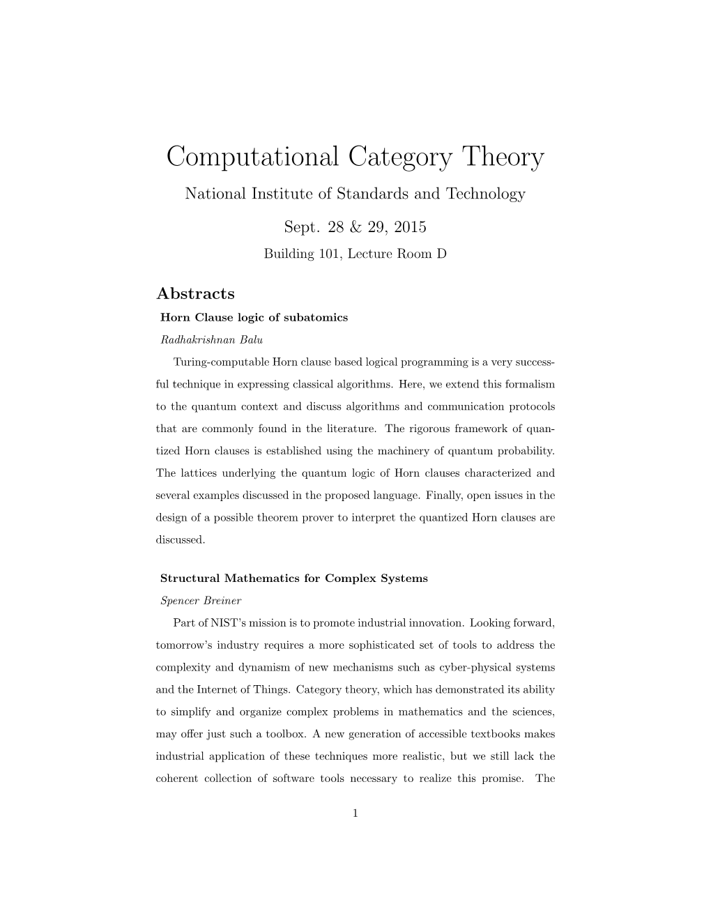 Computational Category Theory National Institute of Standards and Technology Sept