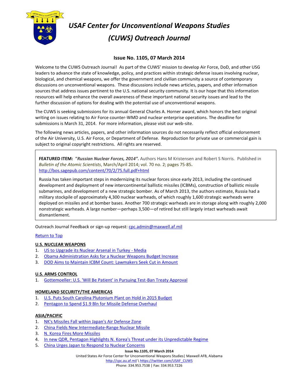 USAF Counterproliferation Center Was Established in 1998 at the Direction of the Chief of Staff of the Air Force