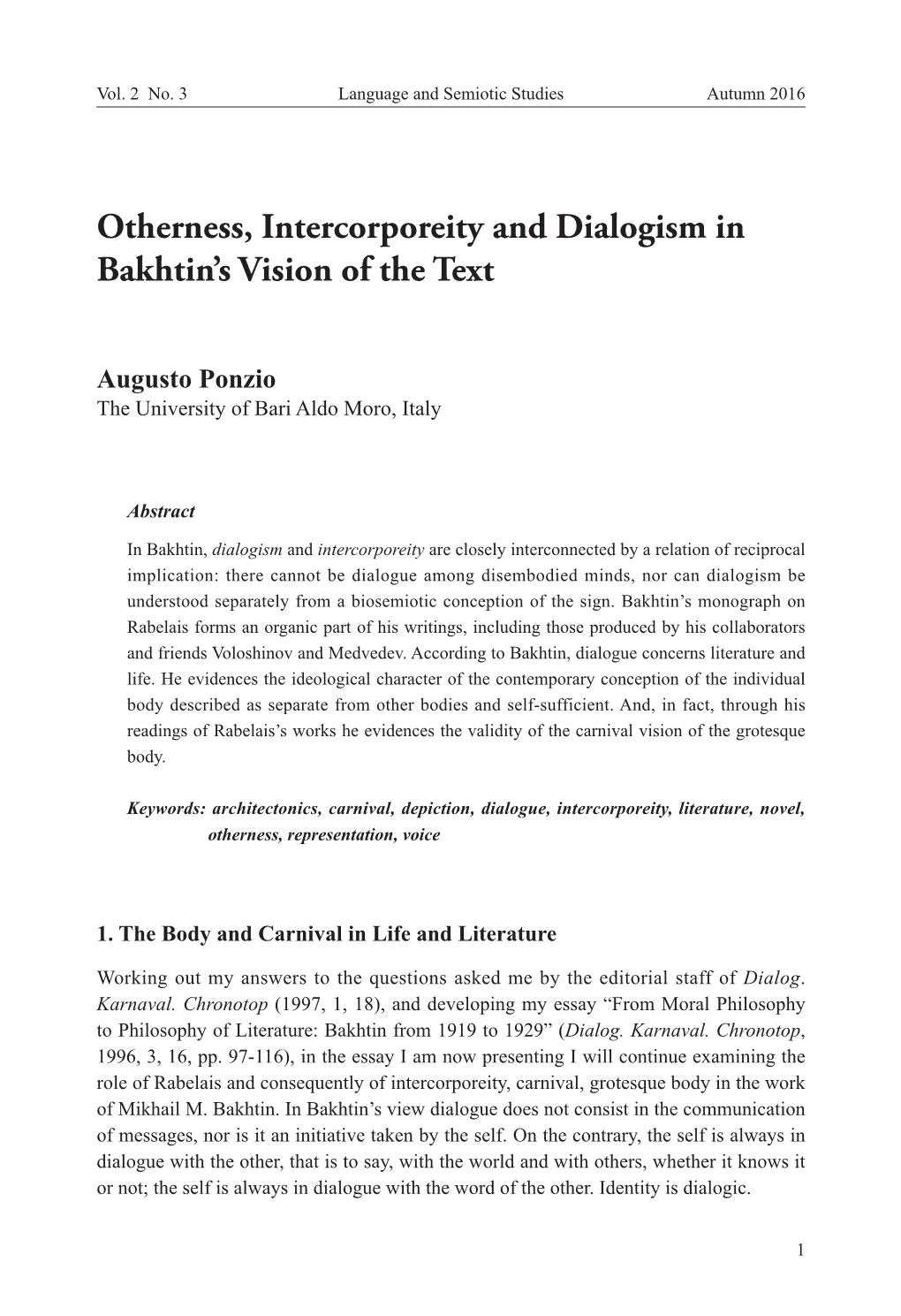 Otherness, Intercorporeity and Dialogism in Bakhtin's Vision of The