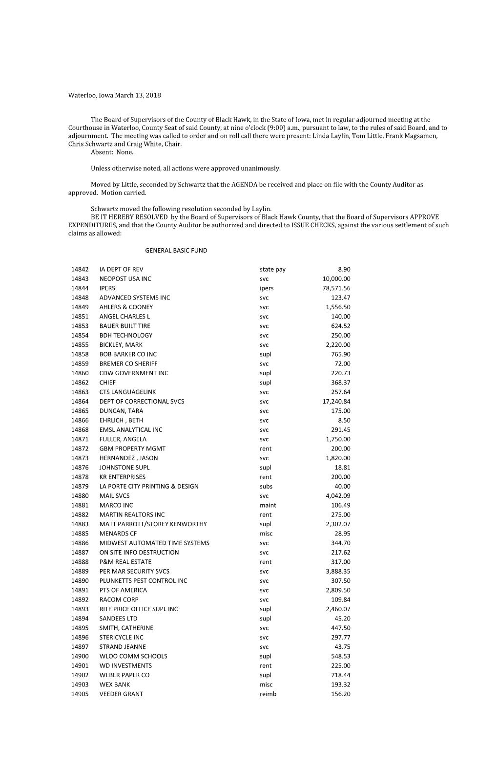 Waterloo, Iowa March 13, 2018 the Board of Supervisors of the County of Black Hawk, in the State of Iowa, Met in Regular Adjourn