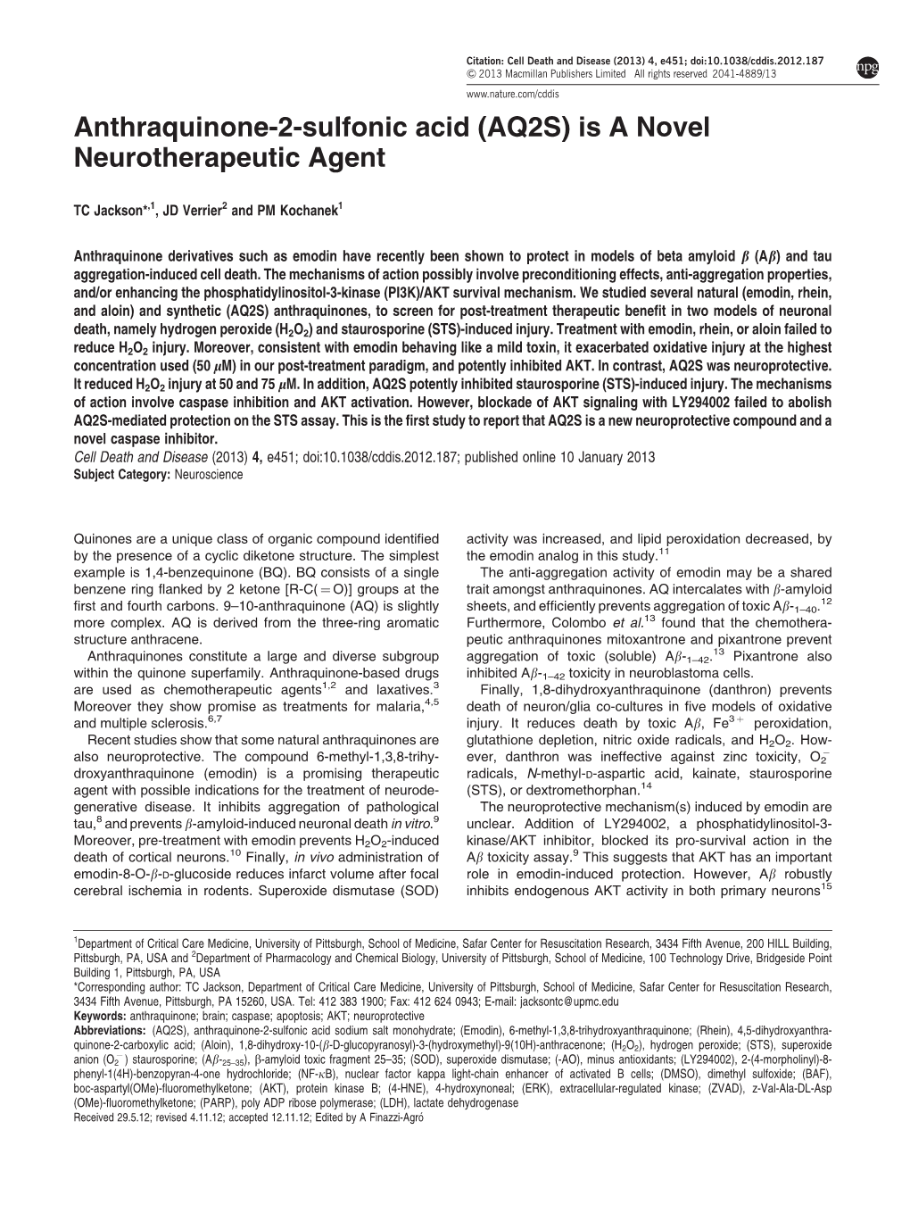 Anthraquinone-2-Sulfonic Acid (AQ2S) Is a Novel Neurotherapeutic Agent