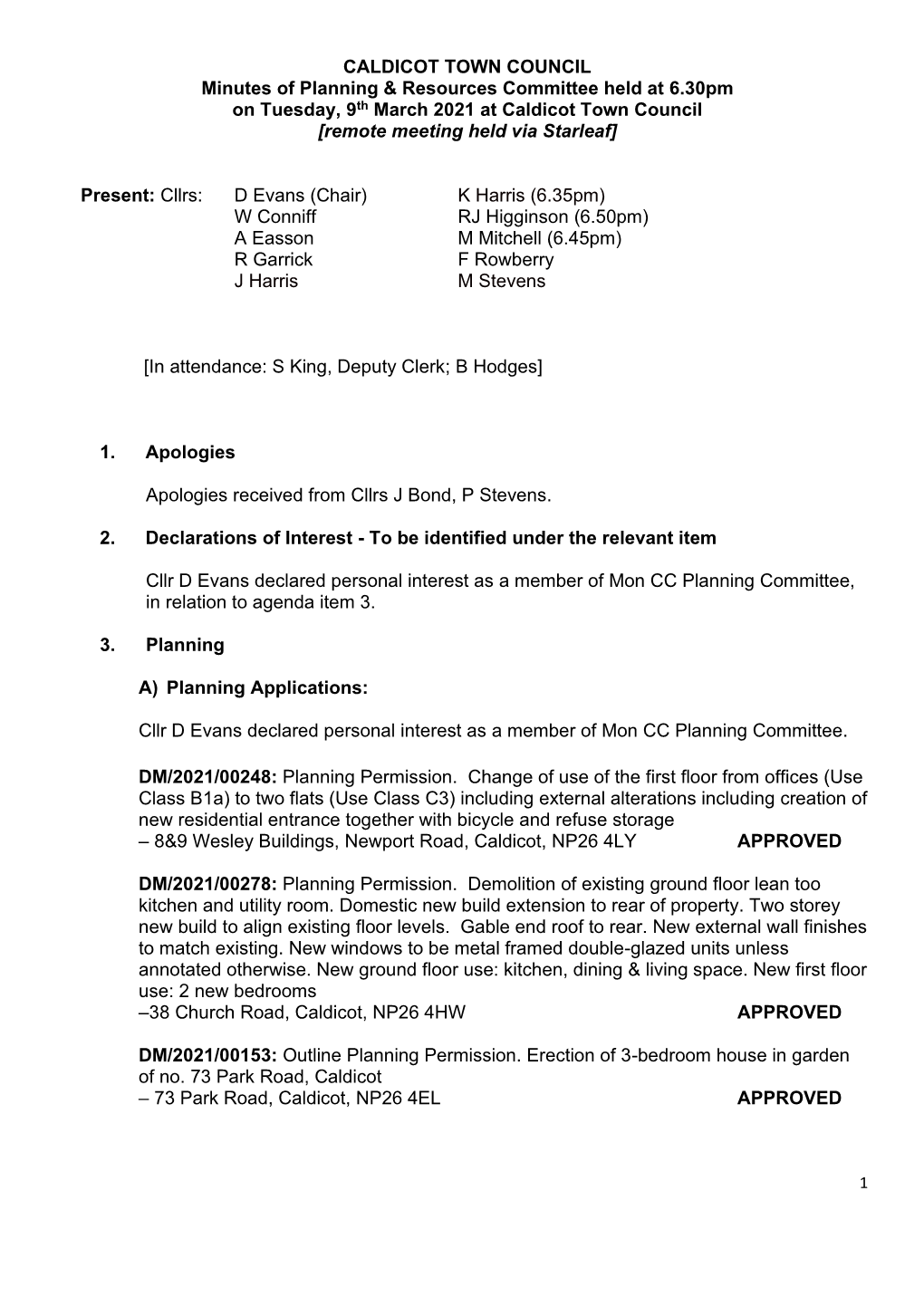 CALDICOT TOWN COUNCIL Minutes of Planning & Resources