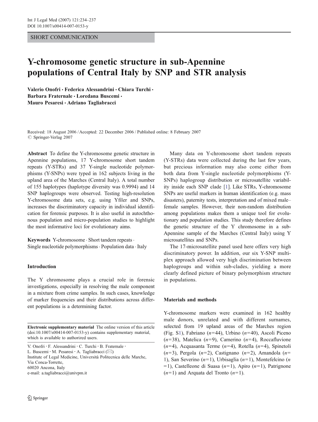 Y-Chromosome Genetic Structure in Sub-Apennine Populations of Central Italy by SNP and STR Analysis