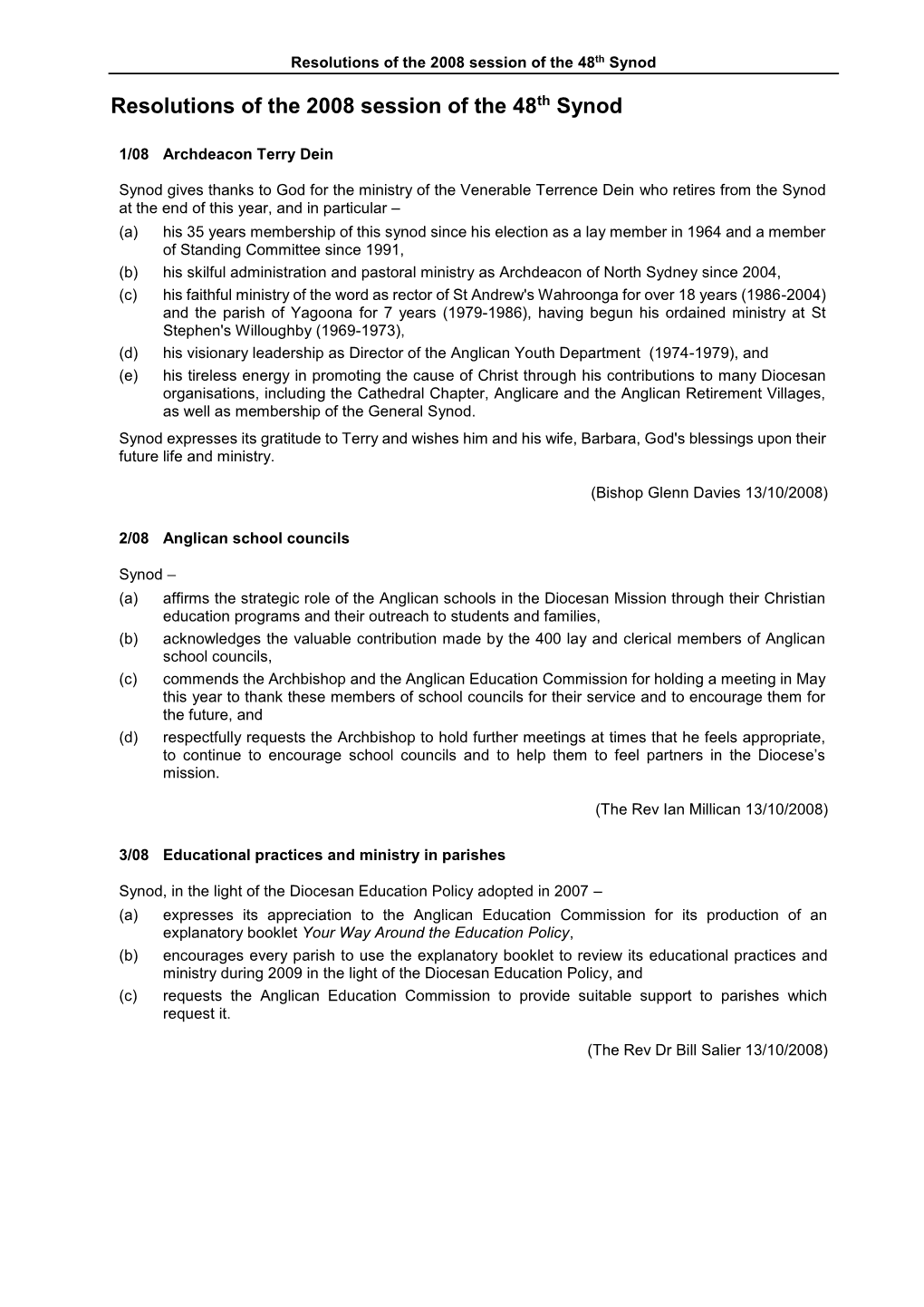 Resolutions of the 2008 Session of the 48Th Synod