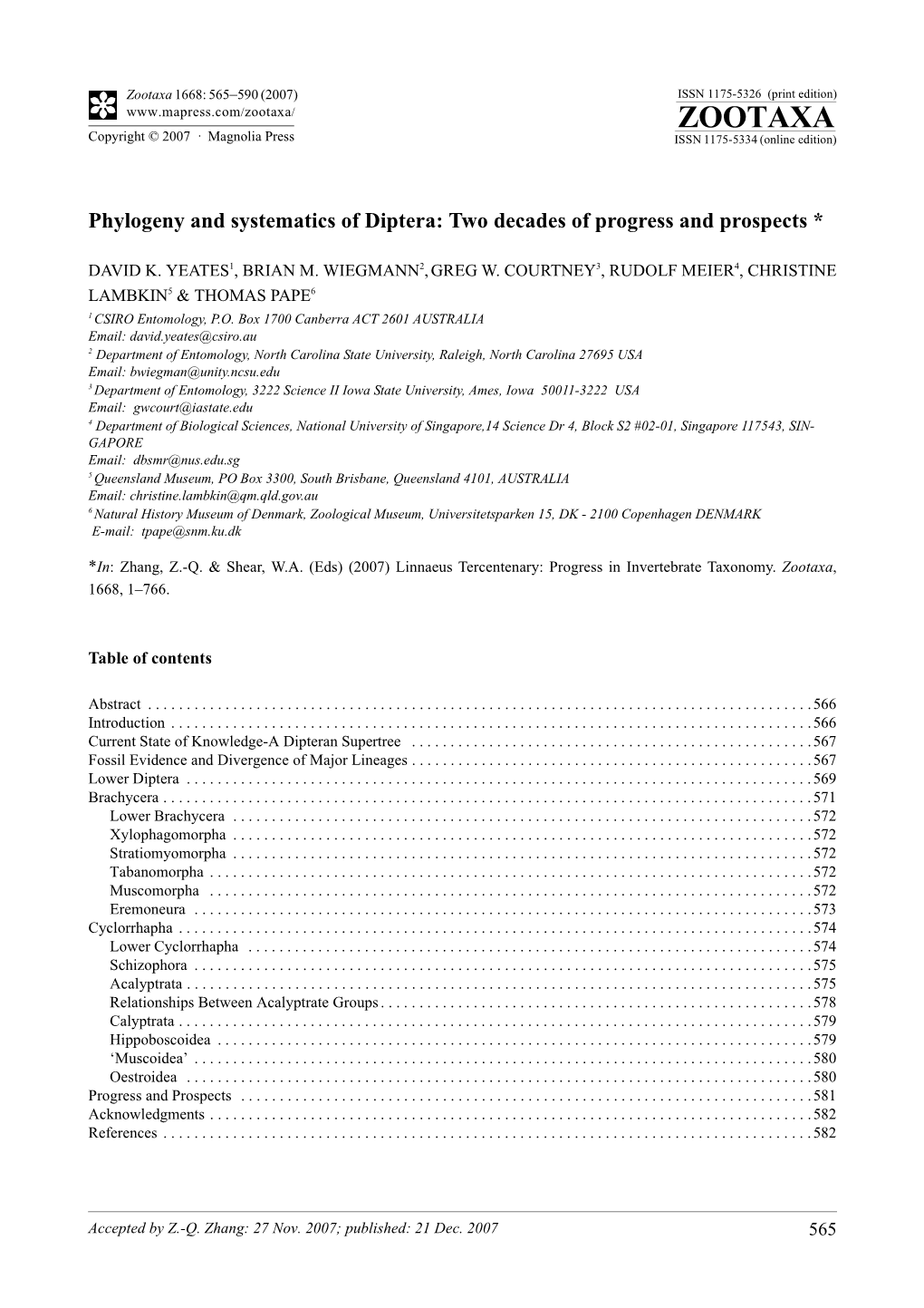 Zootaxa,Phylogeny and Systematics of Diptera