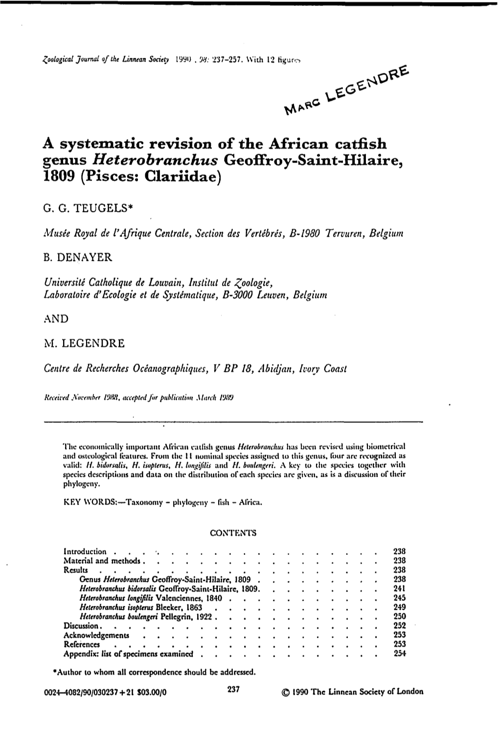 A Systematic Revision of the African Catfish Genus Heterobranchus Geoffroy-Saint-Hilaire, 1809 (Pisces: Clariidae)