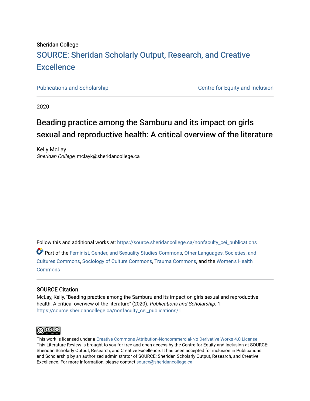 Beading Practice Among the Samburu and Its Impact on Girls Sexual and Reproductive Health: a Critical Overview of the Literature