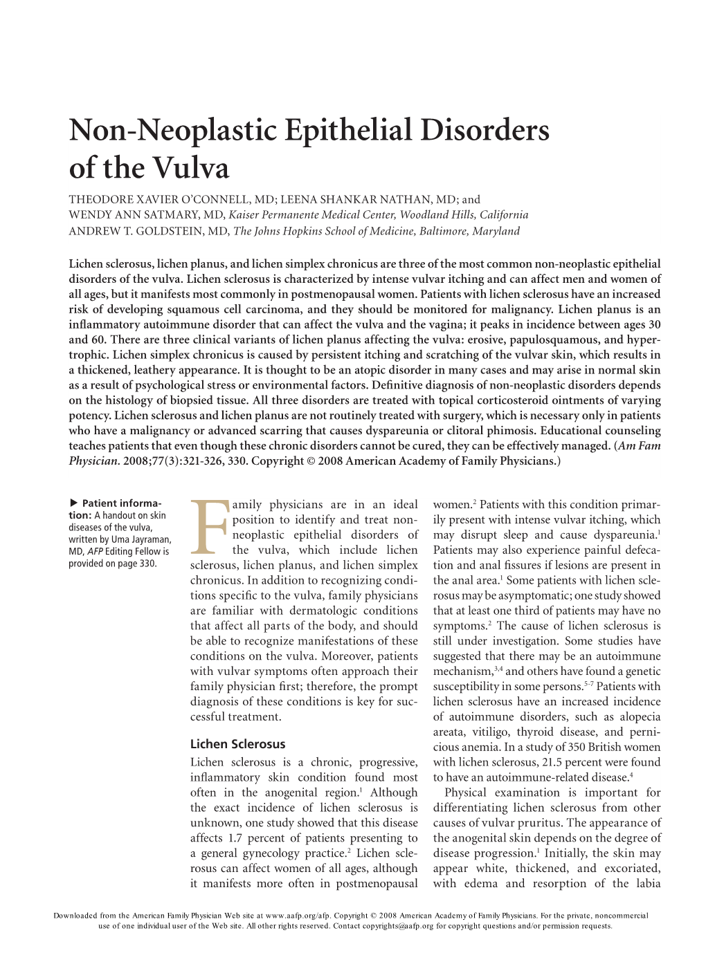 Non-Neoplastic Epithelial Disorders of the Vulva