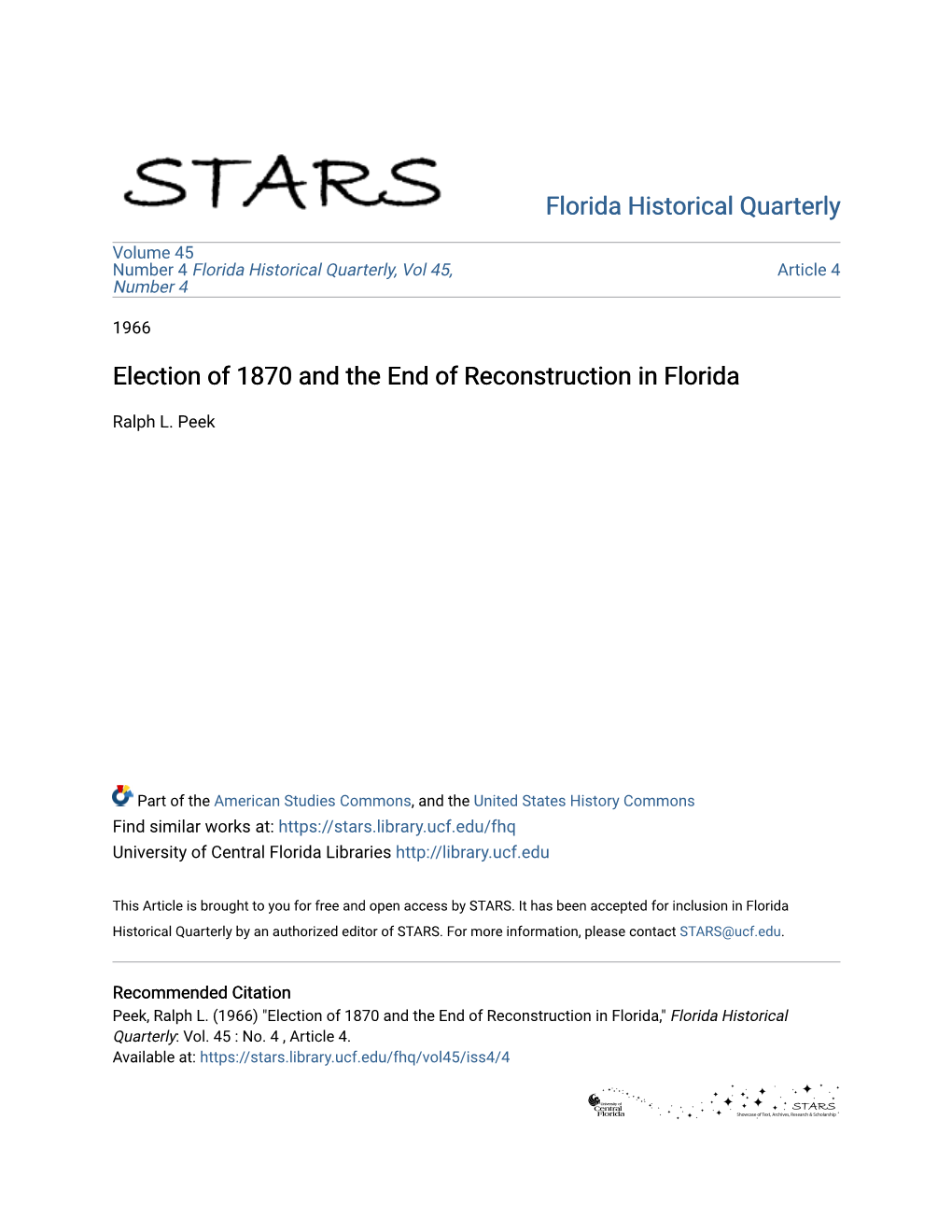Election of 1870 and the End of Reconstruction in Florida