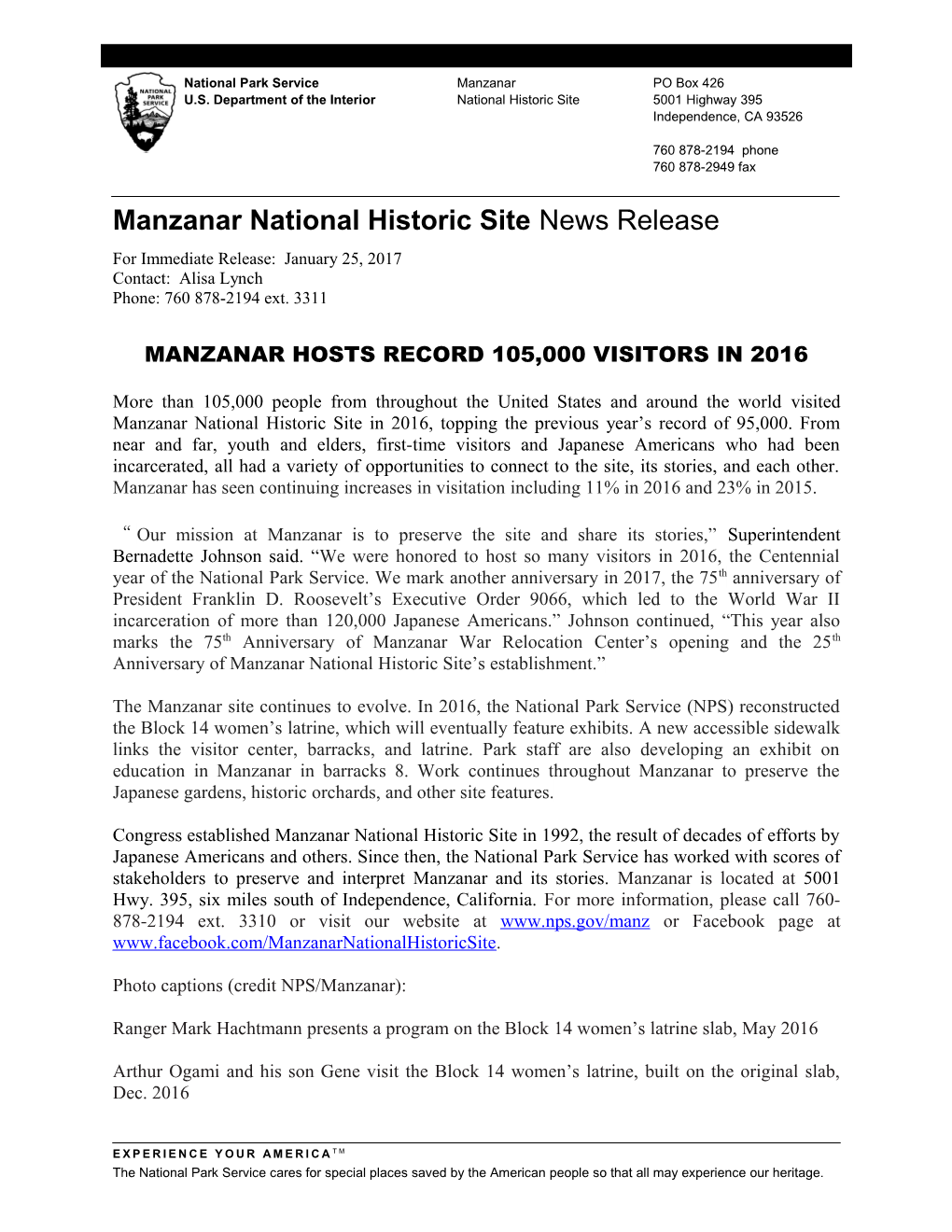 Manzanar National Historic Site News Release s1