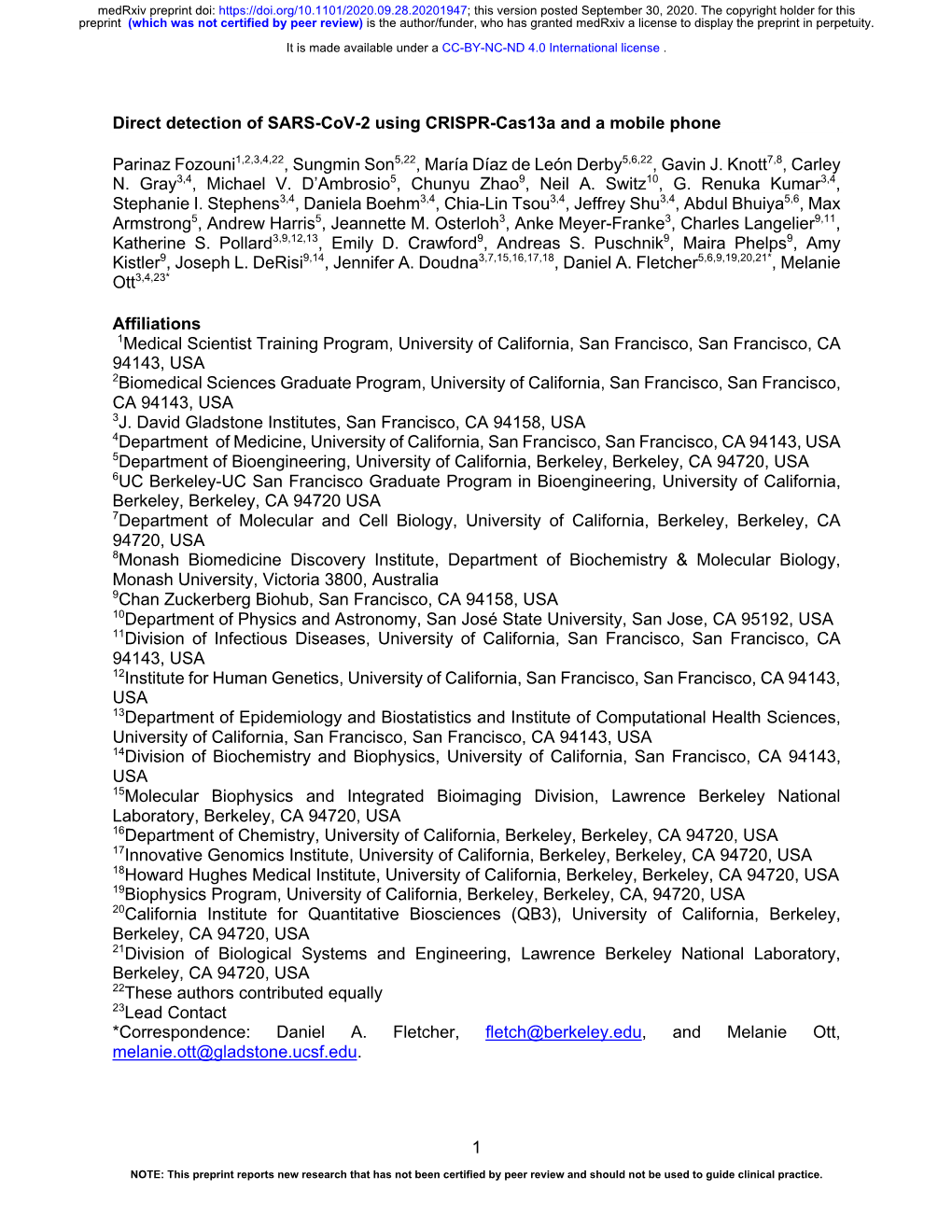 Direct Detection of SARS-Cov-2 Using CRISPR-Cas13a and a Mobile Phone